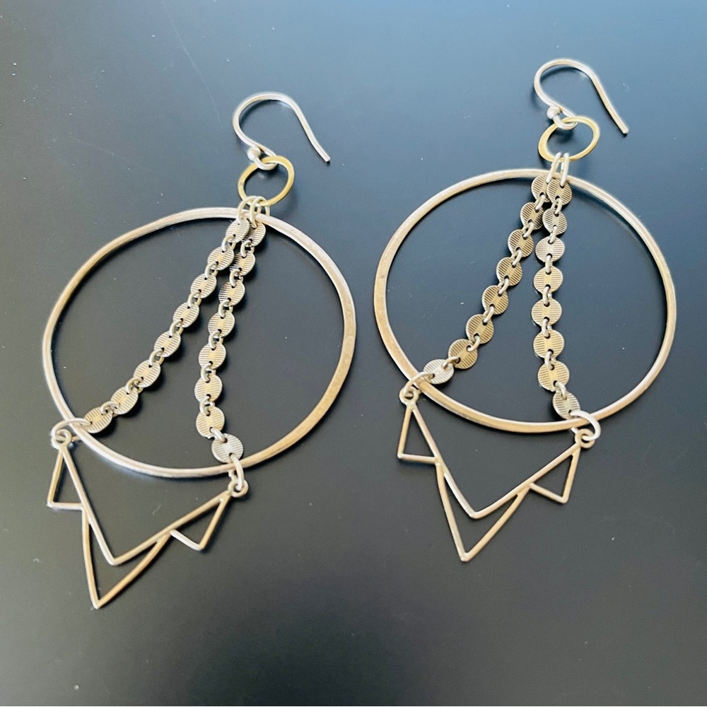 Art Deco Sterling Hoop Earrings Handmade W/ Silver Disk Chain Geometric Shapes